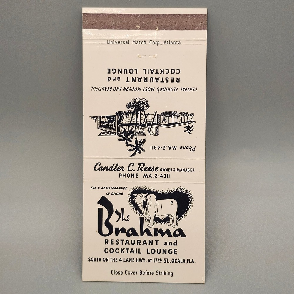 Vintage The Brahma Restaurant Ocala FL Matchbook Candler Reese Hump Room Ad